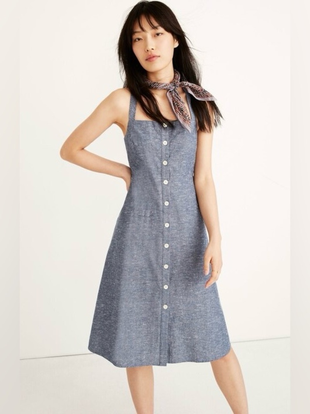 Madewell Chambray Button-Front Midi Dress in Blue